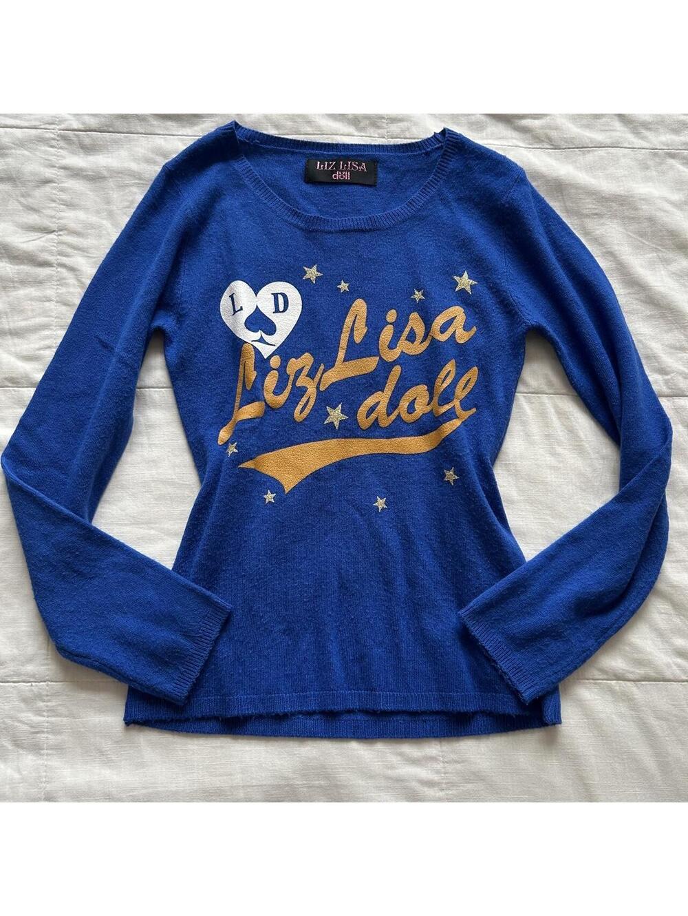 Liz Lisa Doll Cobalt Blue Knit Sweater Gold Logo Star Graphic Heart Y2K S Japan